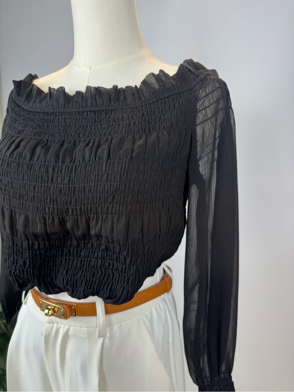 Express Black Smocked Off Shoulder Sheer Sleeve Blouse Top L - Picture 5 of 15